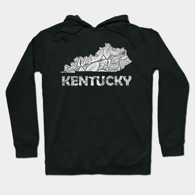 Mandala art map of Kentucky with text in white Hoodie by Happy Citizen